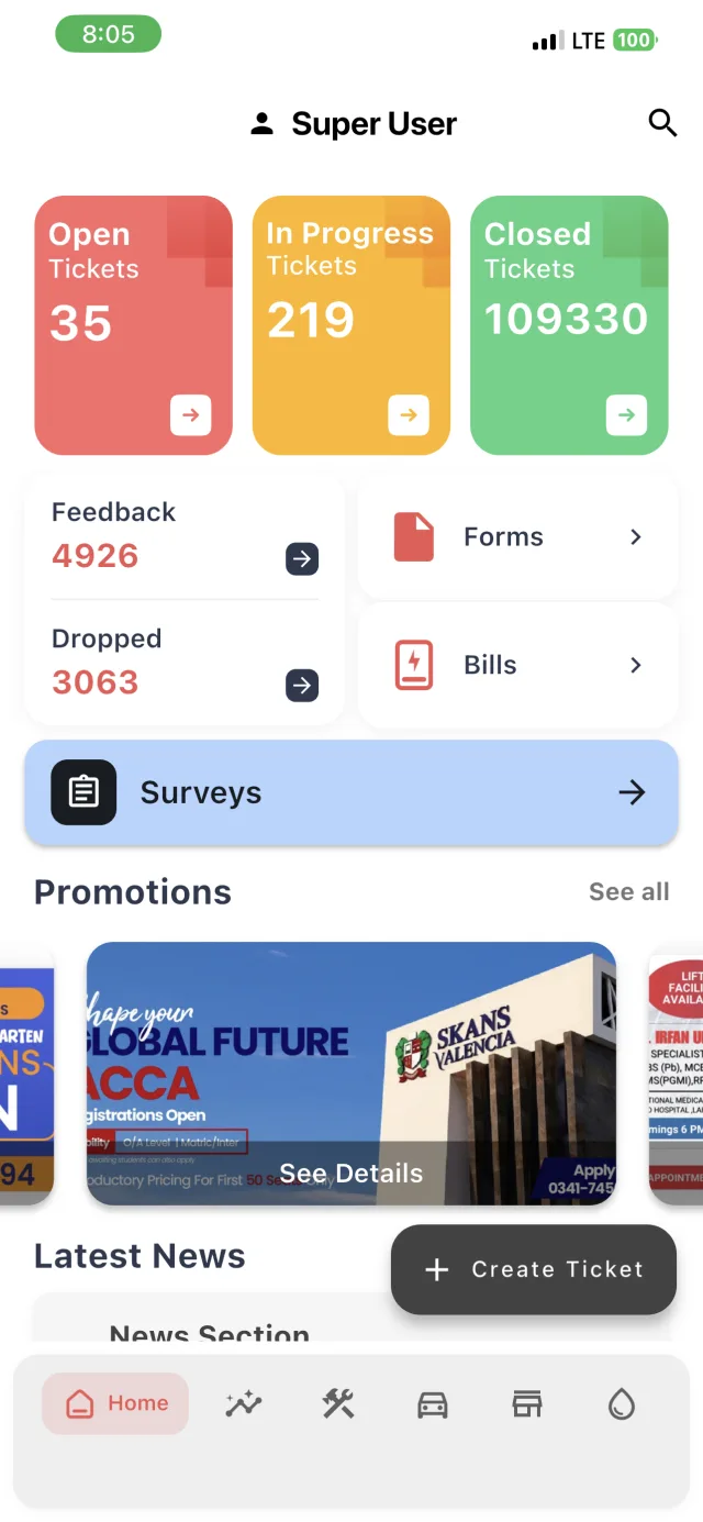 VeMessage app home screen with open, in-progress and closed tickets, bills and forms